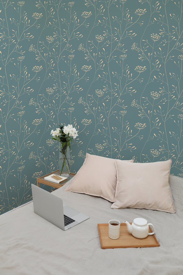 temporary wallpaper yarrow print pattern cozy romantic bedroom interior