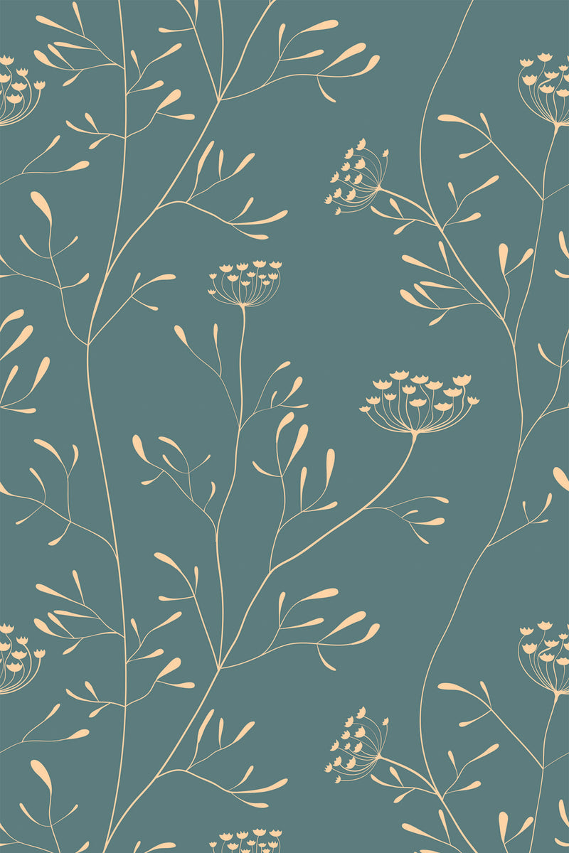 A teal background with a repeating botanical design featuring delicate, light-colored Yarrow flowers and thin, winding stems. Peel and stick removable wallpaper.