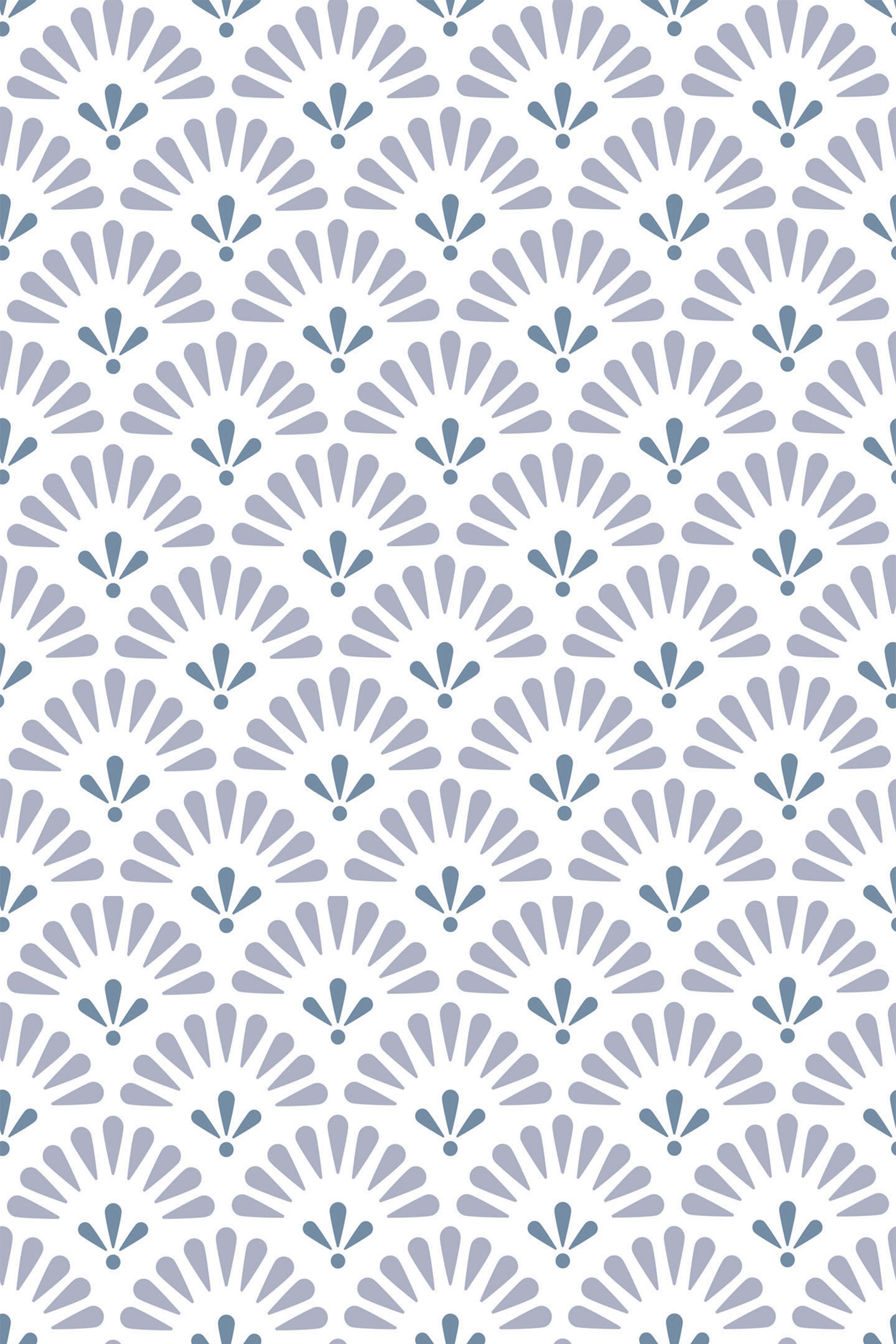 A repeating pattern of retro half circles in light blue with darker blue teardrop shapes in the center of each half circle. The design has a symmetrical, fan-like appearance on a white background. Peel and stick removable wallpaper.