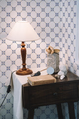 peel and stick wallpaper retro grid pattern accent wall bedroom nightstand interior