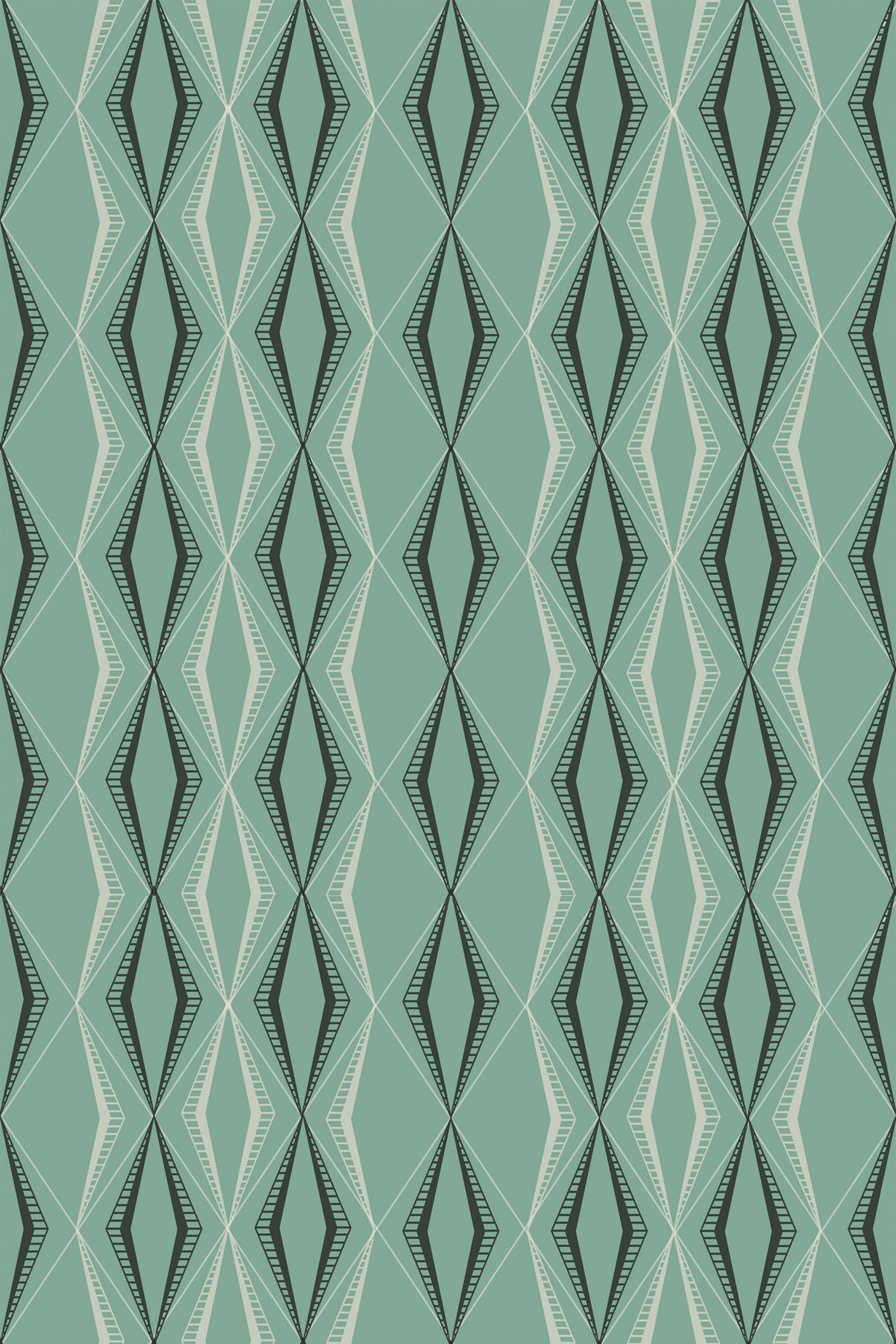 An intricate geometric pattern with elongated diamond shapes in black and white lines on a pale green background, creating a retro aesthetic. Peel and stick removable wallpaper.