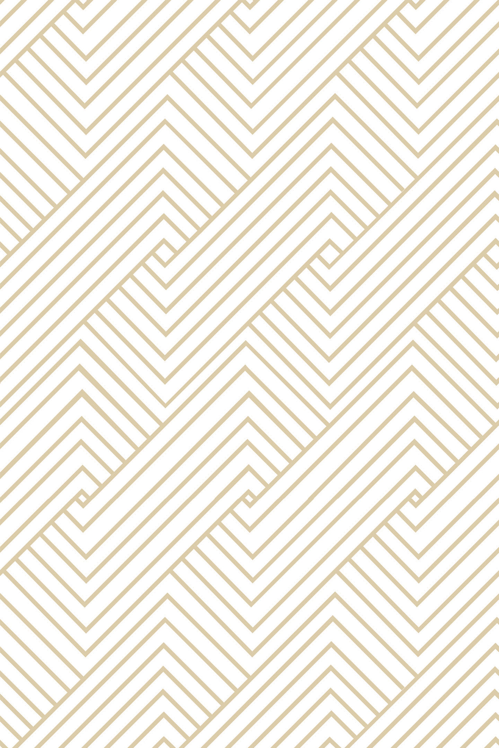 Diagonal geometric pattern with thin gold lines forming a seamless, maze-like design on a white background, peel and stick removable wallpaper.