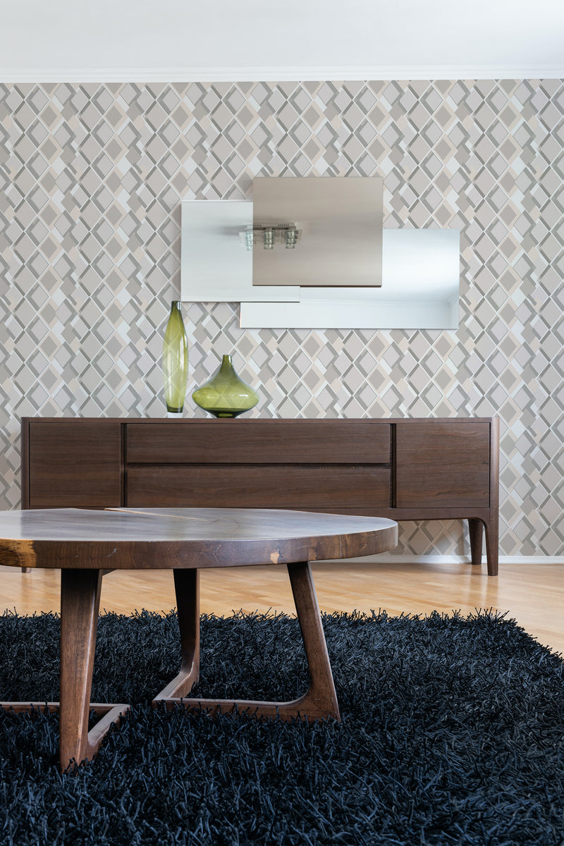 contemporary living room dark wood furniture gray retro geometric peel and stick wallpaper