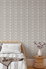 cozy bedroom interior rattan furniture decor gray retro geometric accent wall