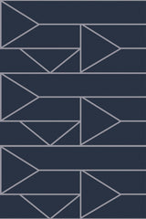 Geometric pattern with overlapping triangles and elongated shapes in gray set against a dark navy background, creating a mid-century modern vibe, peel and stick removable wallpaper.