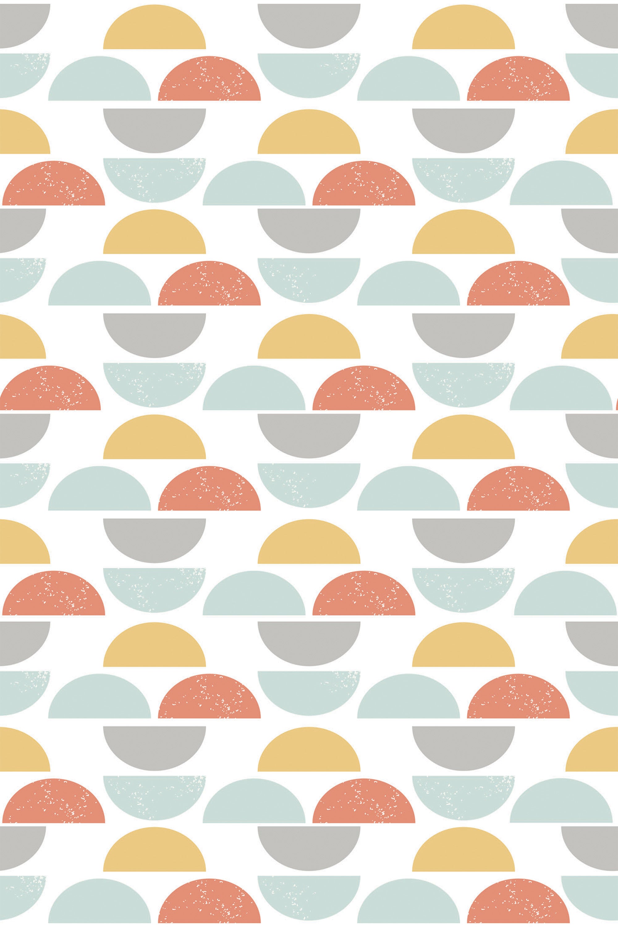 Colorful boho circle pattern with semi-circles in muted tones of orange, blue, yellow, and gray, arranged in an alternating and repeating sequence. Some of the semi-circles feature a speckled texture. Peel and stick removable wallpaper.