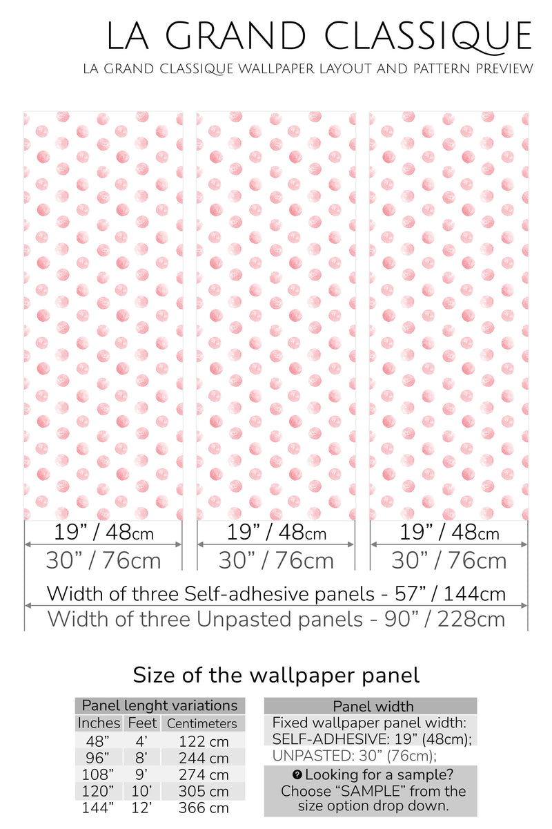 pink watercolor polka dot peel and stick wallpaper specifiation