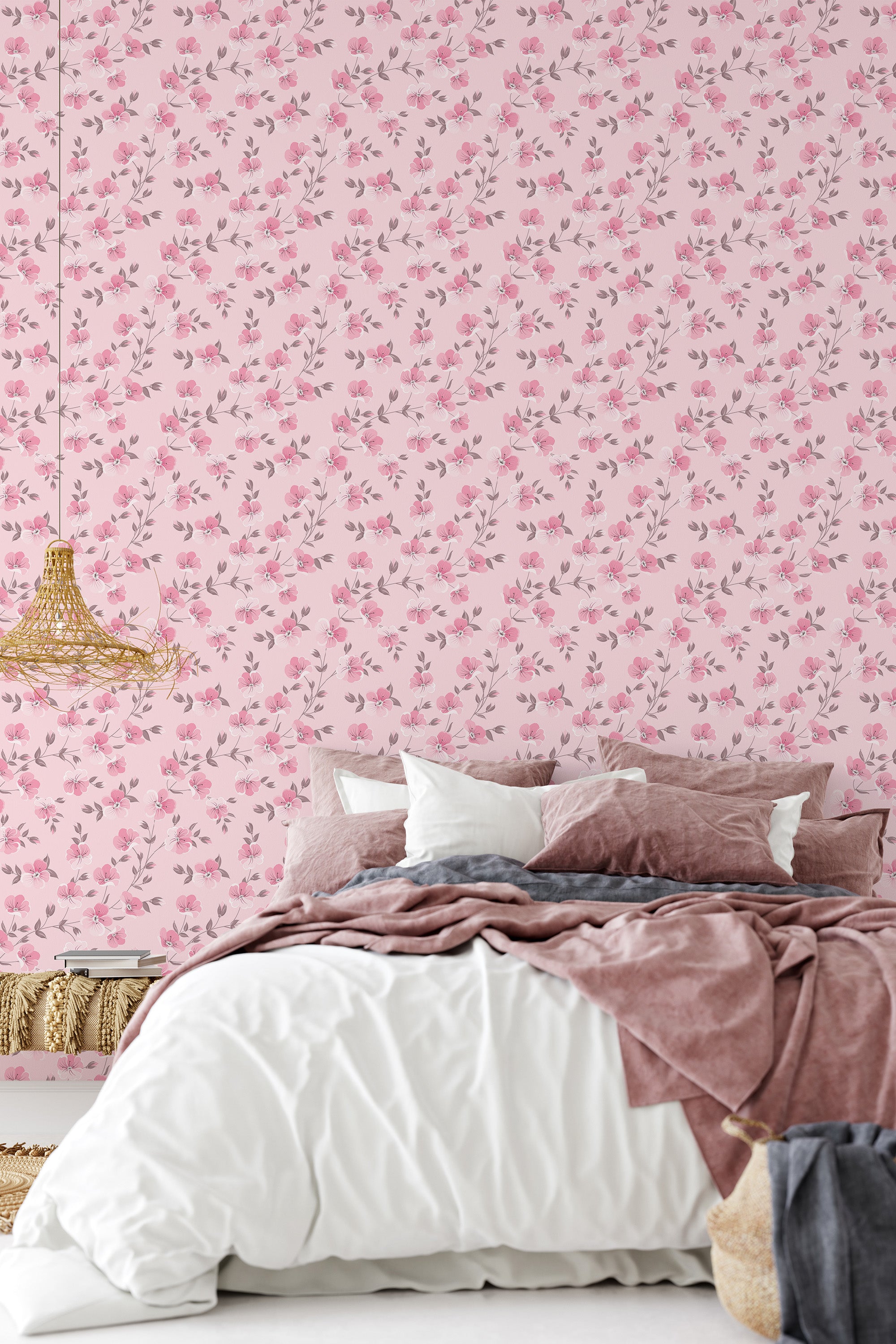 Alt-tag: Pink floral wallpaper with a delicate pattern of small pink roses and green leaves, creating a soft, romantic ambiance in the room. Traditional wallpaper.