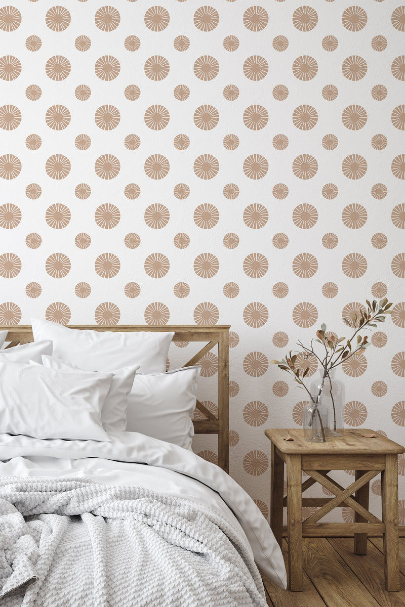 Self-adhesive wallpaper with a polka dot flower pattern, featuring circular floral designs in a soft brown color on a white background.