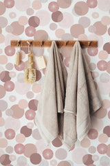 stick and peel wallpaper pink boho circle pattern bathroom brush soap towel accessory wall