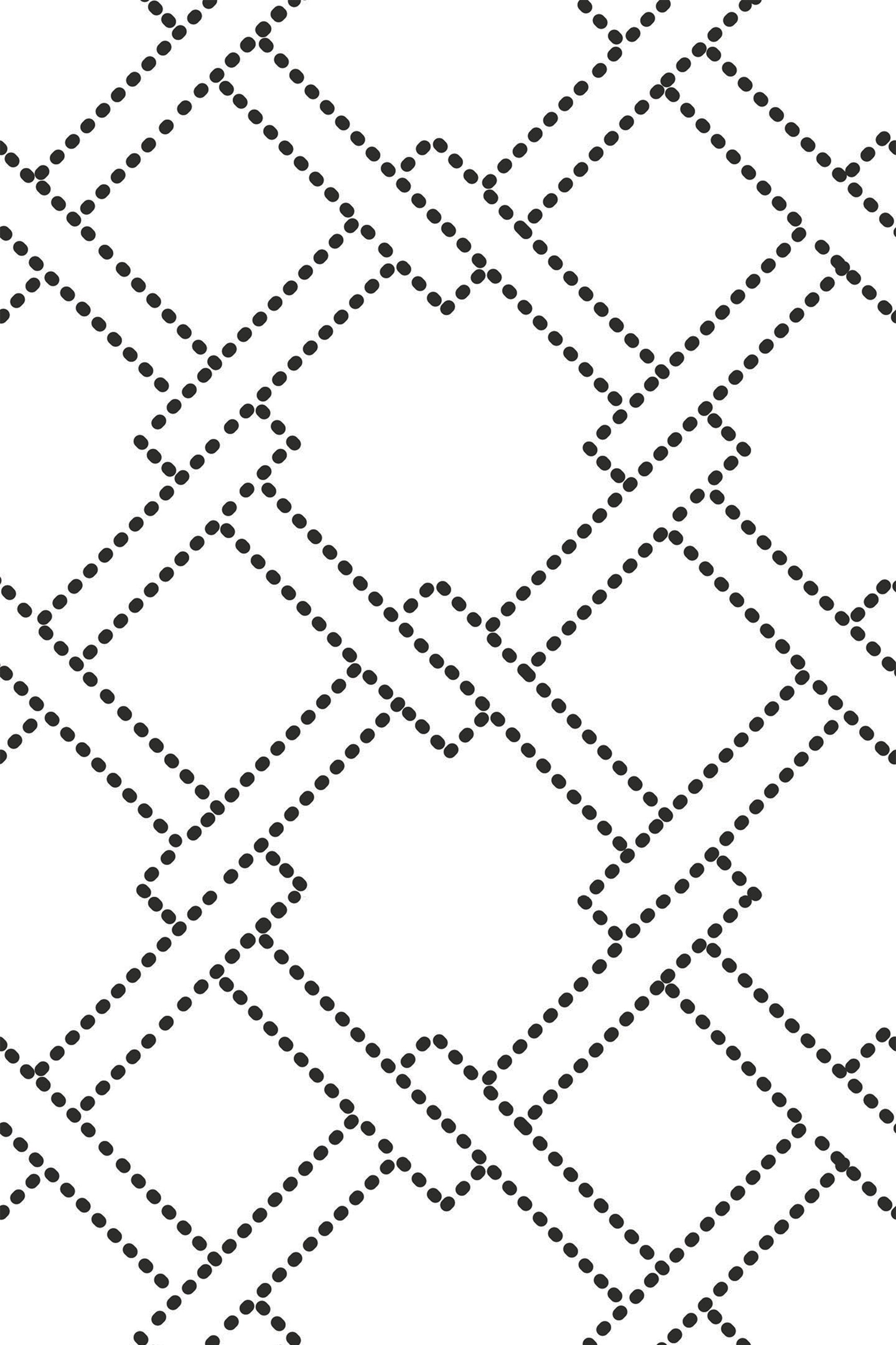 Dotted geometric design with interlocking diamond shapes formed by evenly spaced small black dots on a white background, peel and stick removable wallpaper.