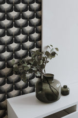 Self-adhesive wallpaper with a small swan design in a minimalist pattern, featuring white silhouettes resembling flying birds against a black background.