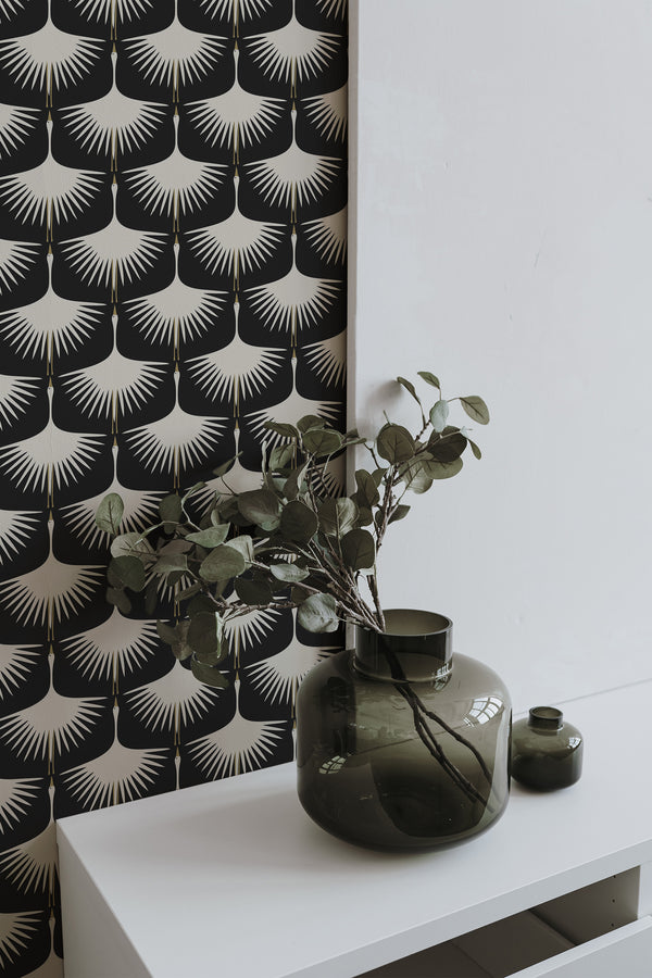 Self-adhesive wallpaper with a small swan design in a minimalist pattern, featuring white silhouettes resembling flying birds against a black background.