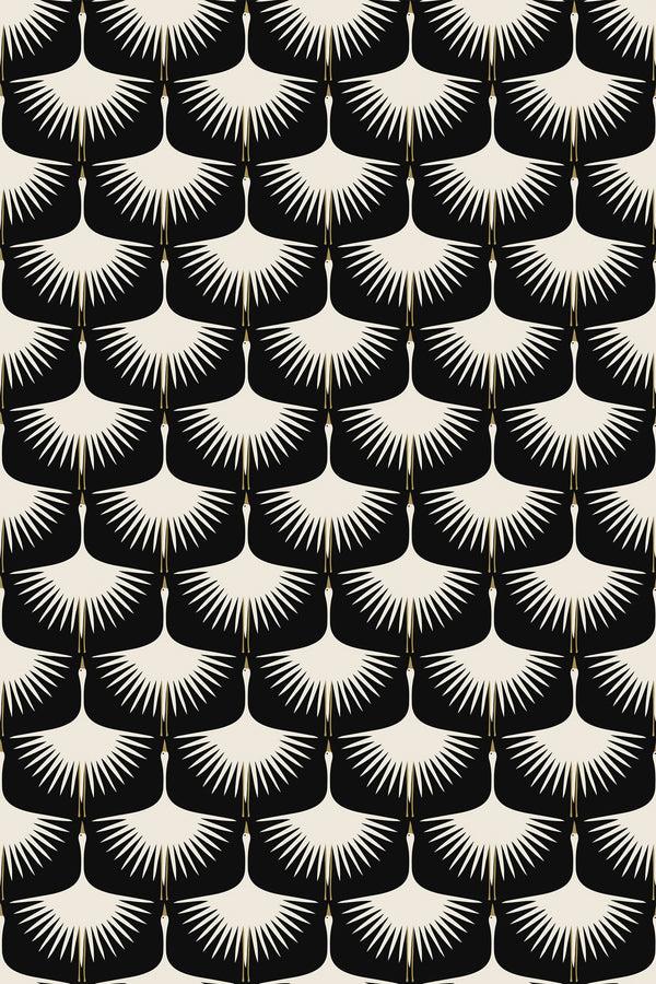 A repeating pattern of minimalist swan-like shapes in white against a black background. Peel and stick removable wallpaper.