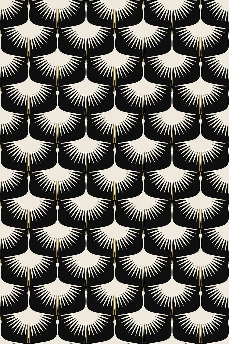 A repeating pattern of minimalist swan-like shapes in white against a black background. Peel and stick removable wallpaper.