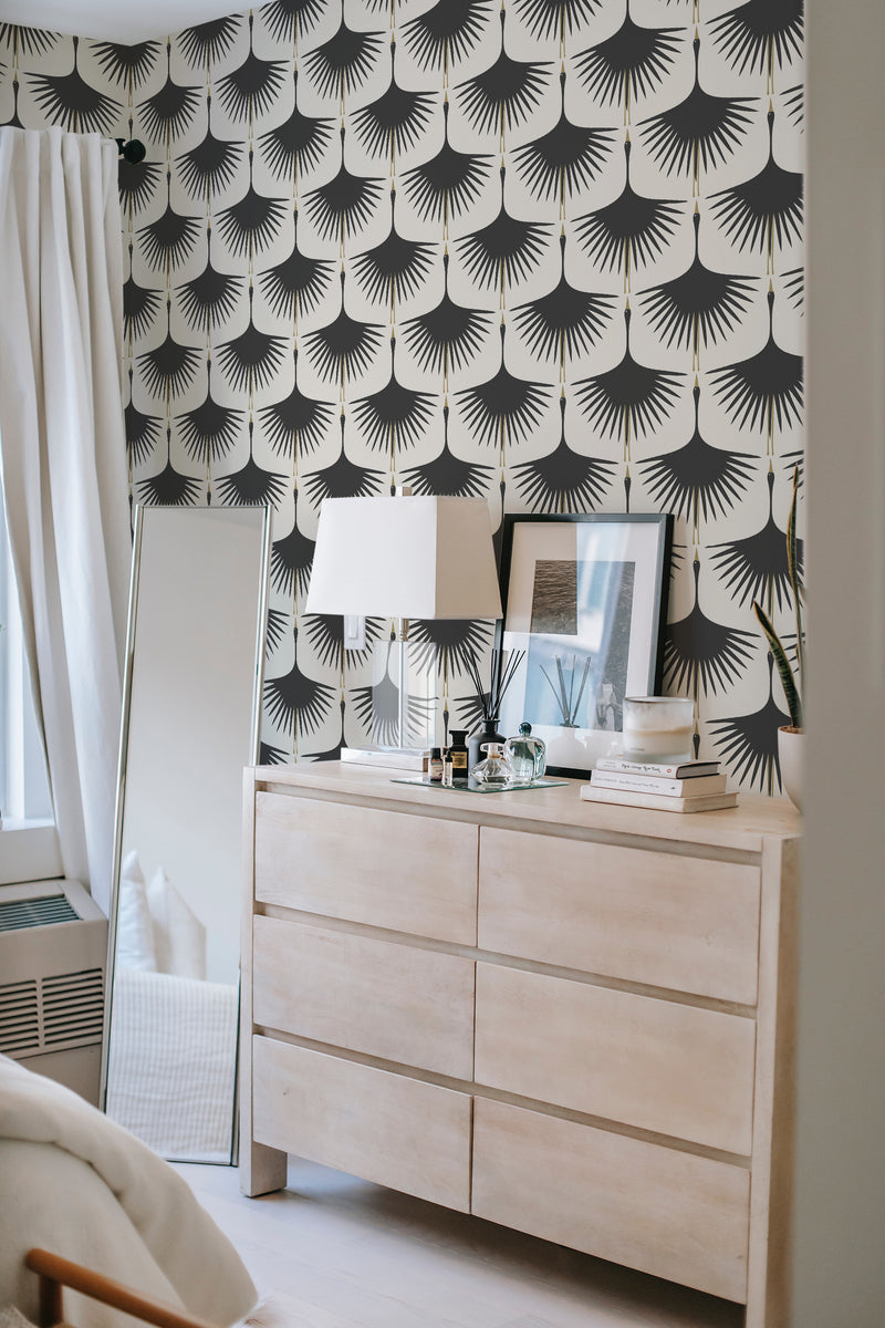         
peel and stick wallpaper big swan accent wall bedroom dresser mirror minimalist interior
