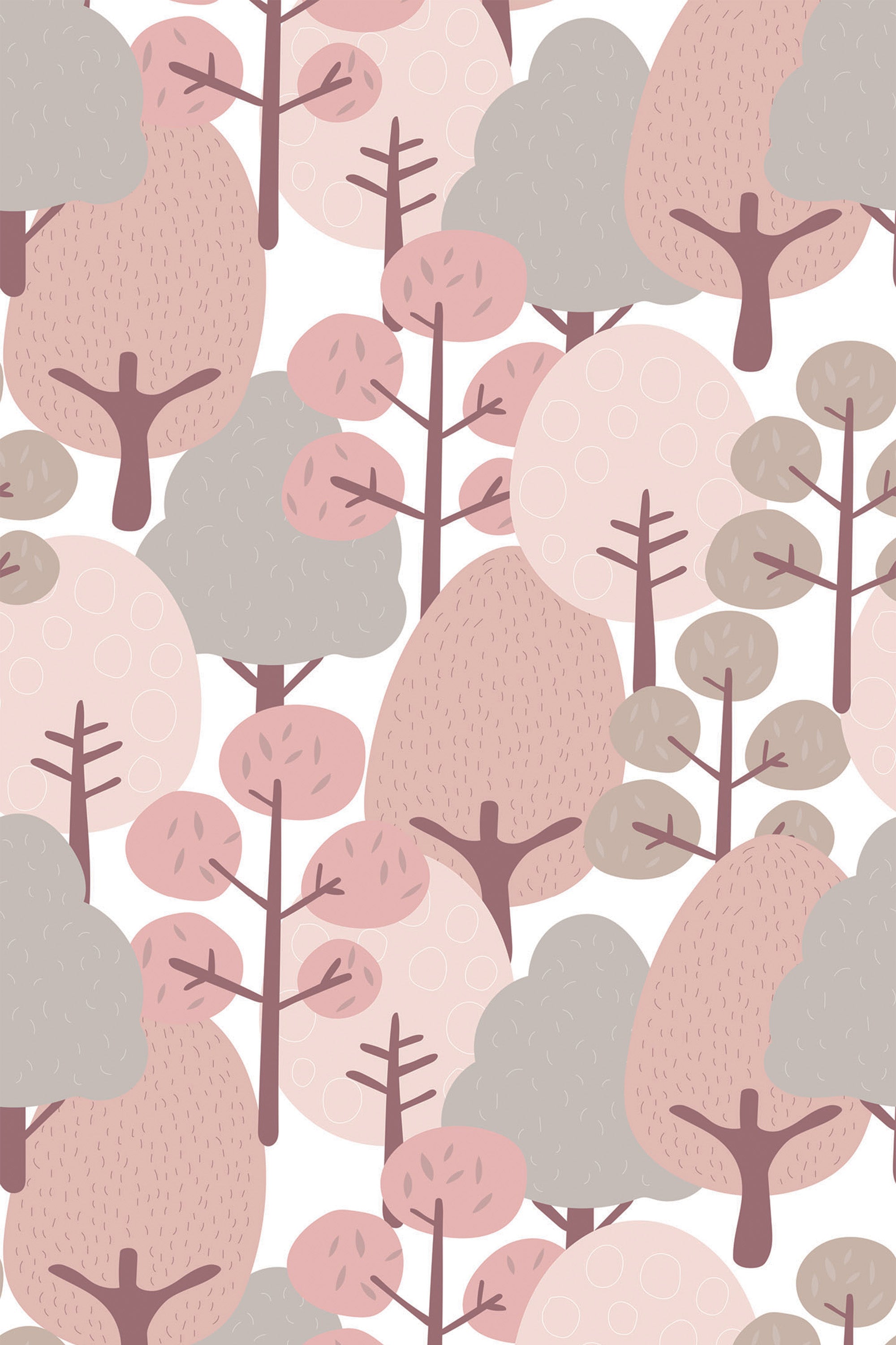Whimsical forest design with stylized trees in soft pink, beige, and muted tones, creating a magical woodland scene on peel and stick removable wallpaper.