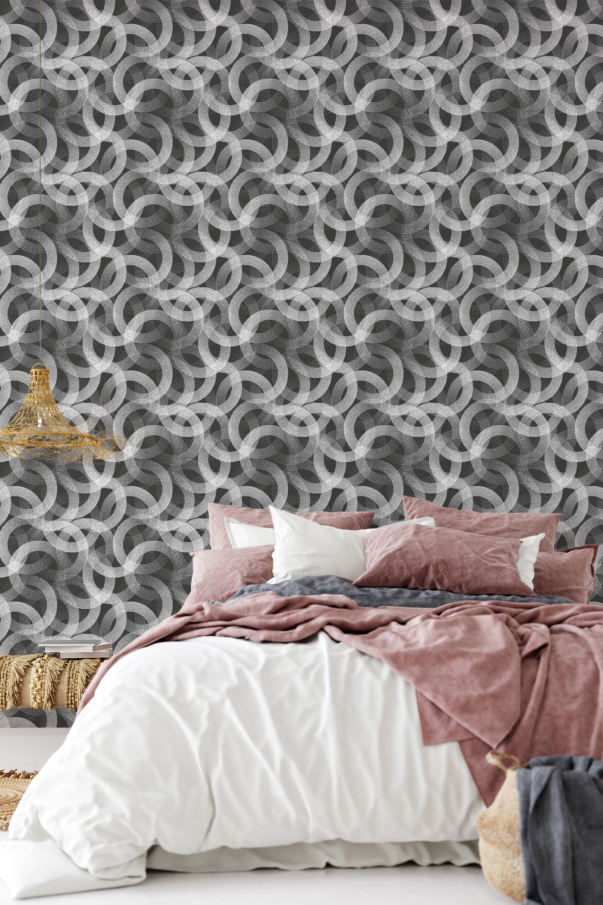 A room with wallpaper covered in a pattern of abstract dotted lines forming an interlocking circular design in shades of white and gray, creating a textured, modern look. Traditional wallpaper.