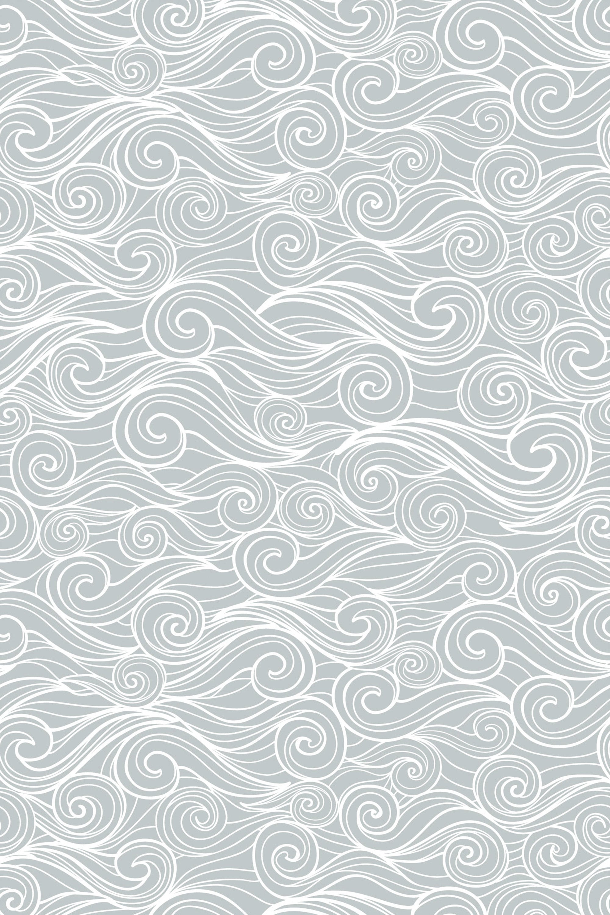 White flowing wave patterns with swirling curves on a light gray background, creating a continuous and dynamic ocean-inspired design. Peel and stick removable wallpaper.