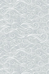 White flowing wave patterns with swirling curves on a light gray background, creating a continuous and dynamic ocean-inspired design. Peel and stick removable wallpaper.