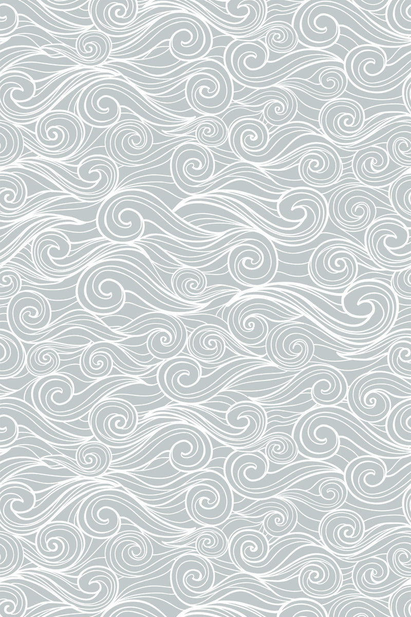 White flowing wave patterns with swirling curves on a light gray background, creating a continuous and dynamic ocean-inspired design. Peel and stick removable wallpaper.