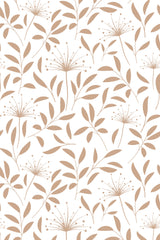 Tan dandelions with delicate seeds are combined with scattered tan leafy branches on a white background, peel and stick removable wallpaper.