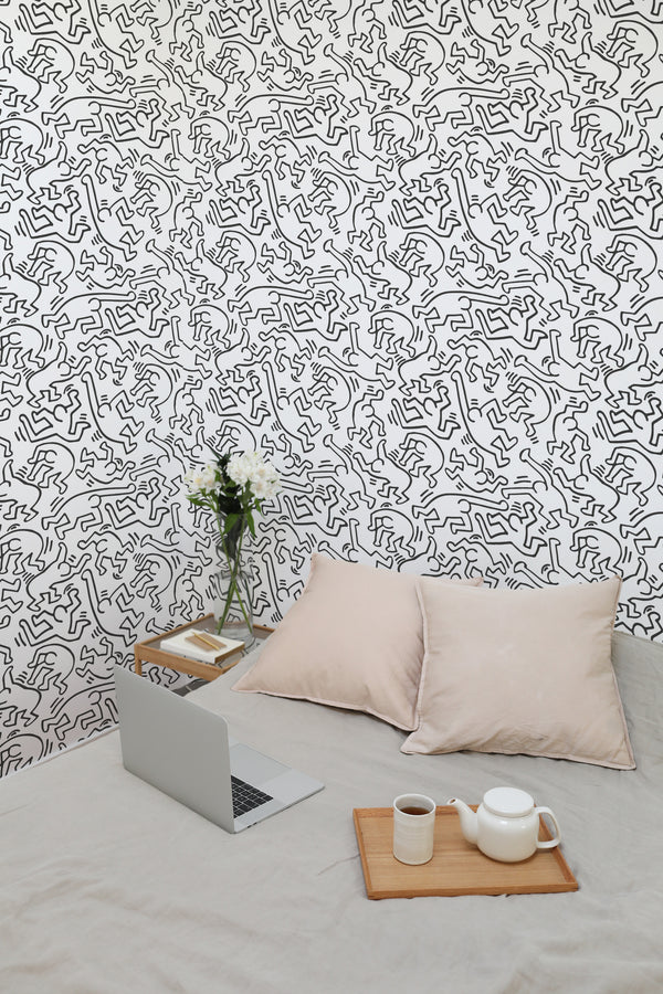 temporary wallpaper stick man pattern cozy romantic bedroom interior