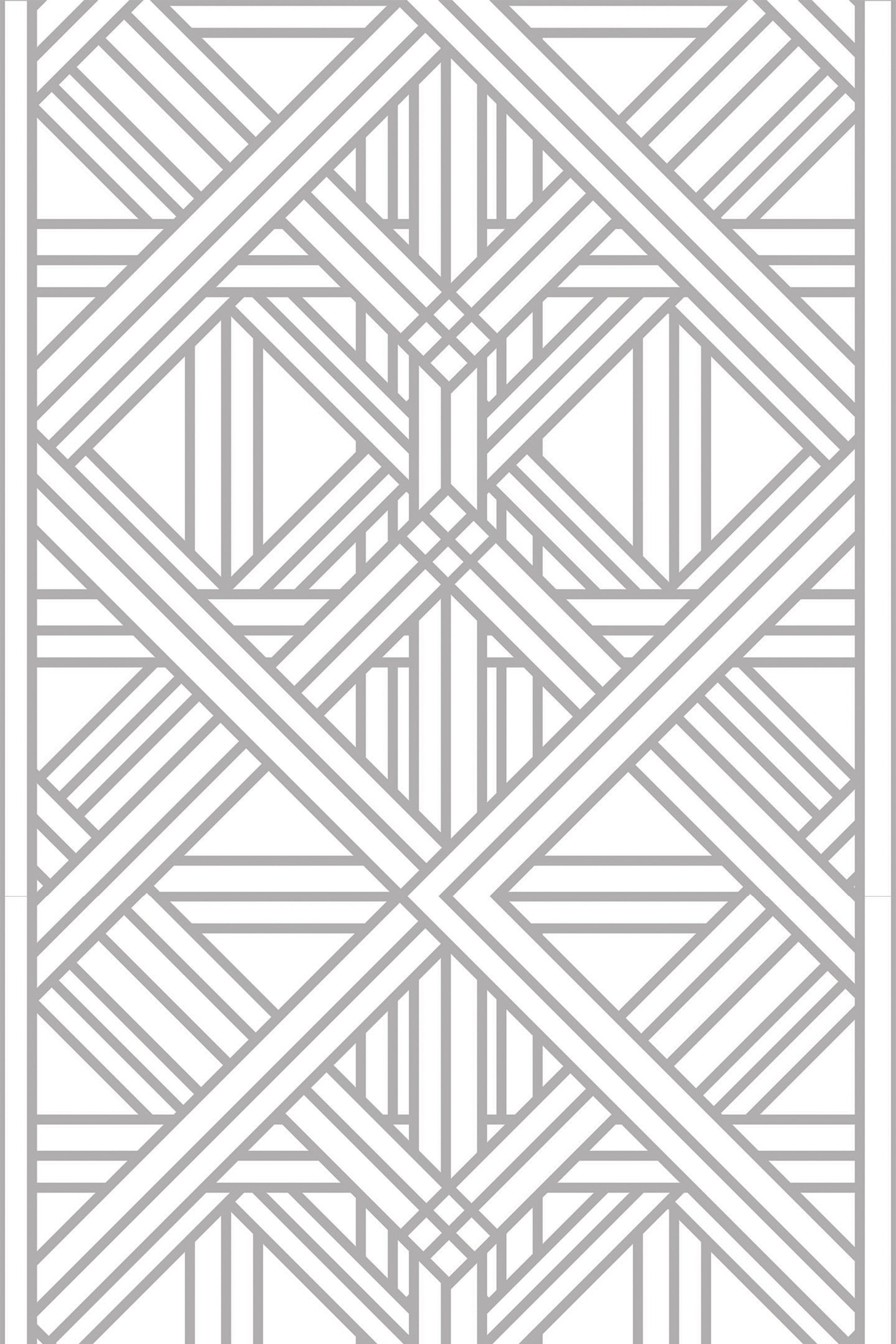 Grey and white geometric art deco grid design with intricate overlapping lines in a symmetrical pattern. Peel and stick removable wallpaper.