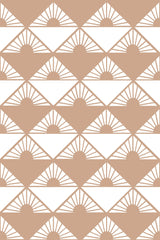 Repeating pattern of minimalist brown rising sun motifs within diamond shapes on a white background with peel and stick removable wallpaper.