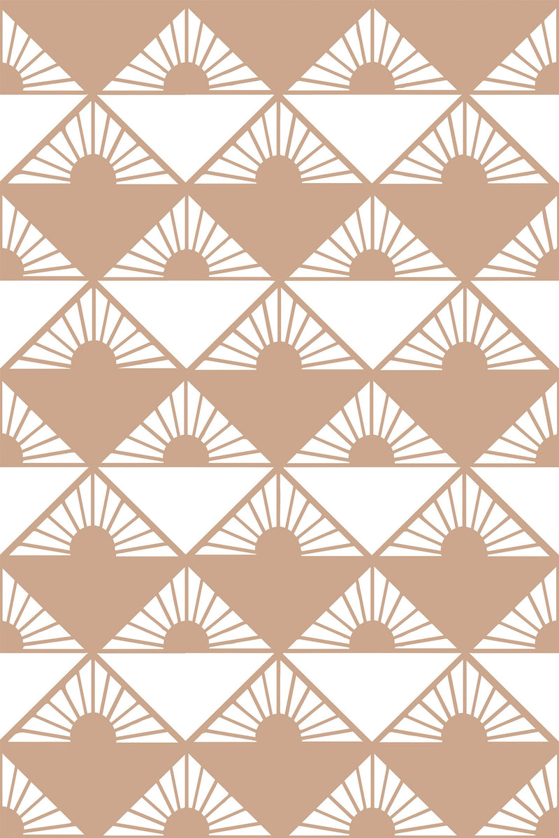 Repeating pattern of minimalist brown rising sun motifs within diamond shapes on a white background with peel and stick removable wallpaper.