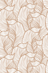 Tan and white wallpaper with an abstract pattern of curving, striped leaves that flow in an overlapping arrangement. Peel and stick removable wallpaper.