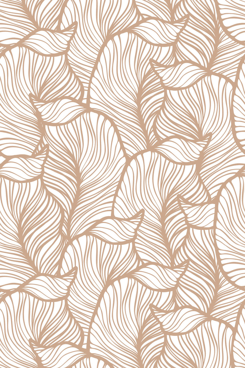 Tan and white wallpaper with an abstract pattern of curving, striped leaves that flow in an overlapping arrangement. Peel and stick removable wallpaper.