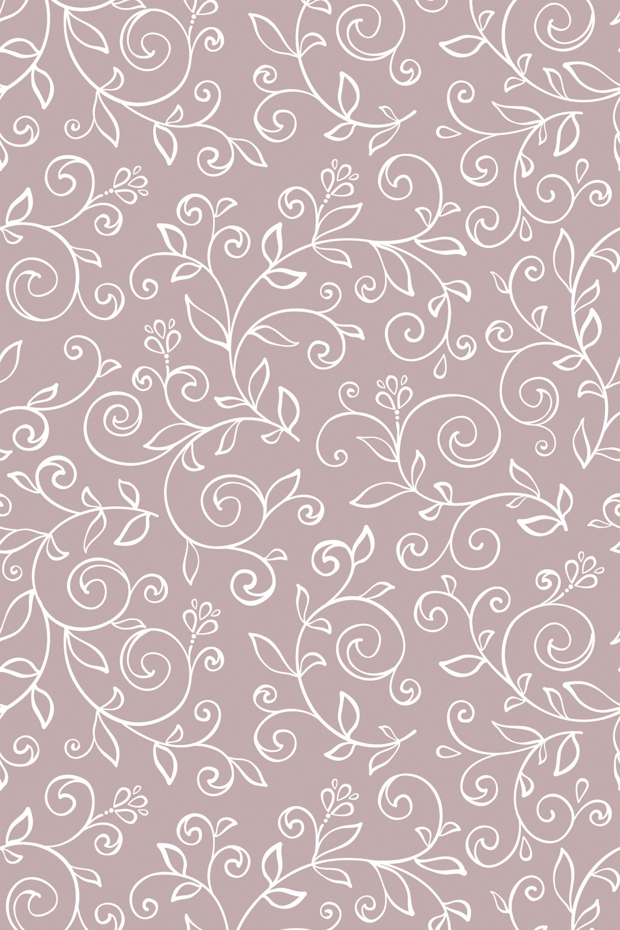 A repeating pattern of delicate white floral vines with leaves and small buds on a soft mauve-colored background, peel and stick removable wallpaper.