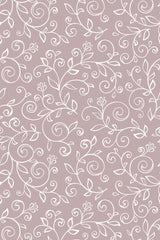 A repeating pattern of delicate white floral vines with leaves and small buds on a soft mauve-colored background, peel and stick removable wallpaper.