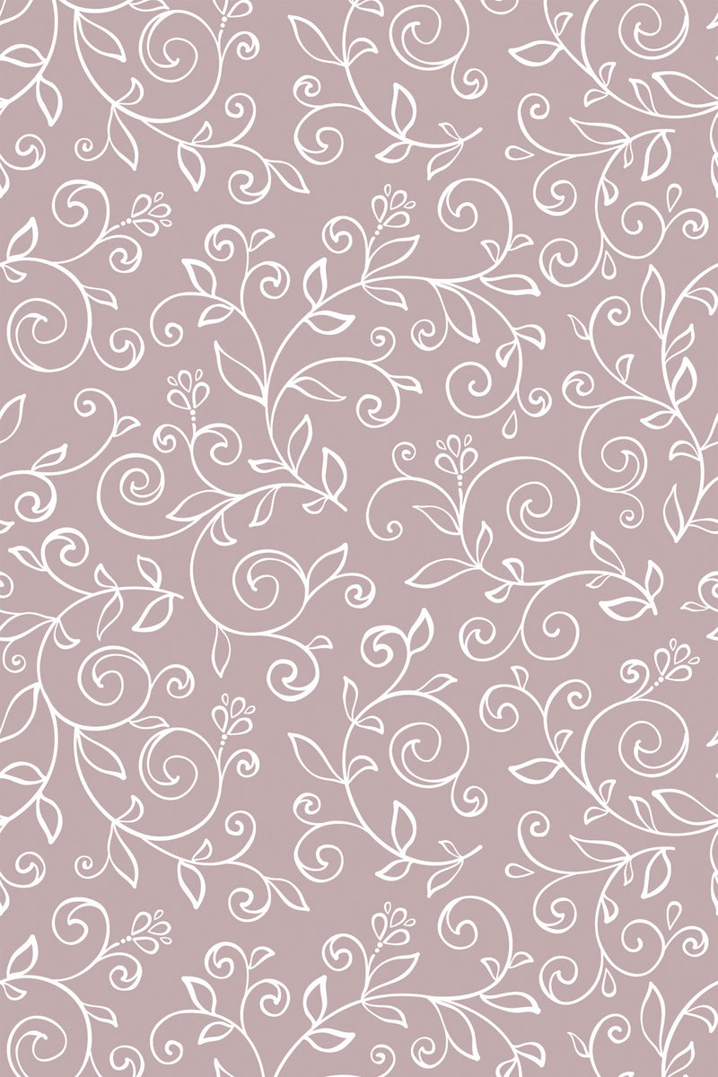A repeating pattern of delicate white floral vines with leaves and small buds on a soft mauve-colored background, peel and stick removable wallpaper.