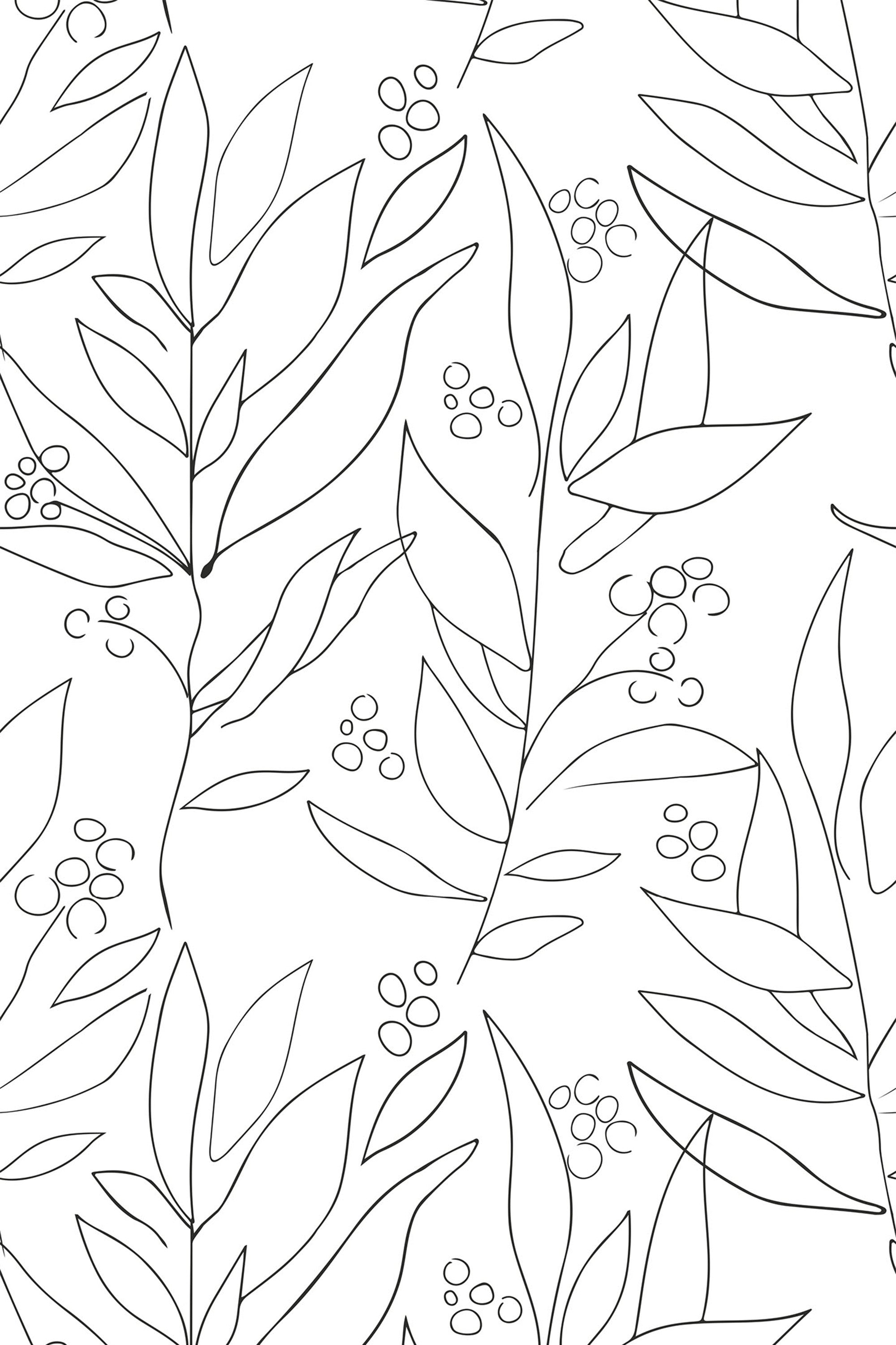 Black and white line art featuring large, minimalistic floral designs with scattered leaves and simple berries on a plain background, peel and stick removable wallpaper.
