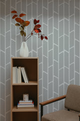 self-adhesive wallpaper geometric striped pattern bookshelf armchair decorative plant interior