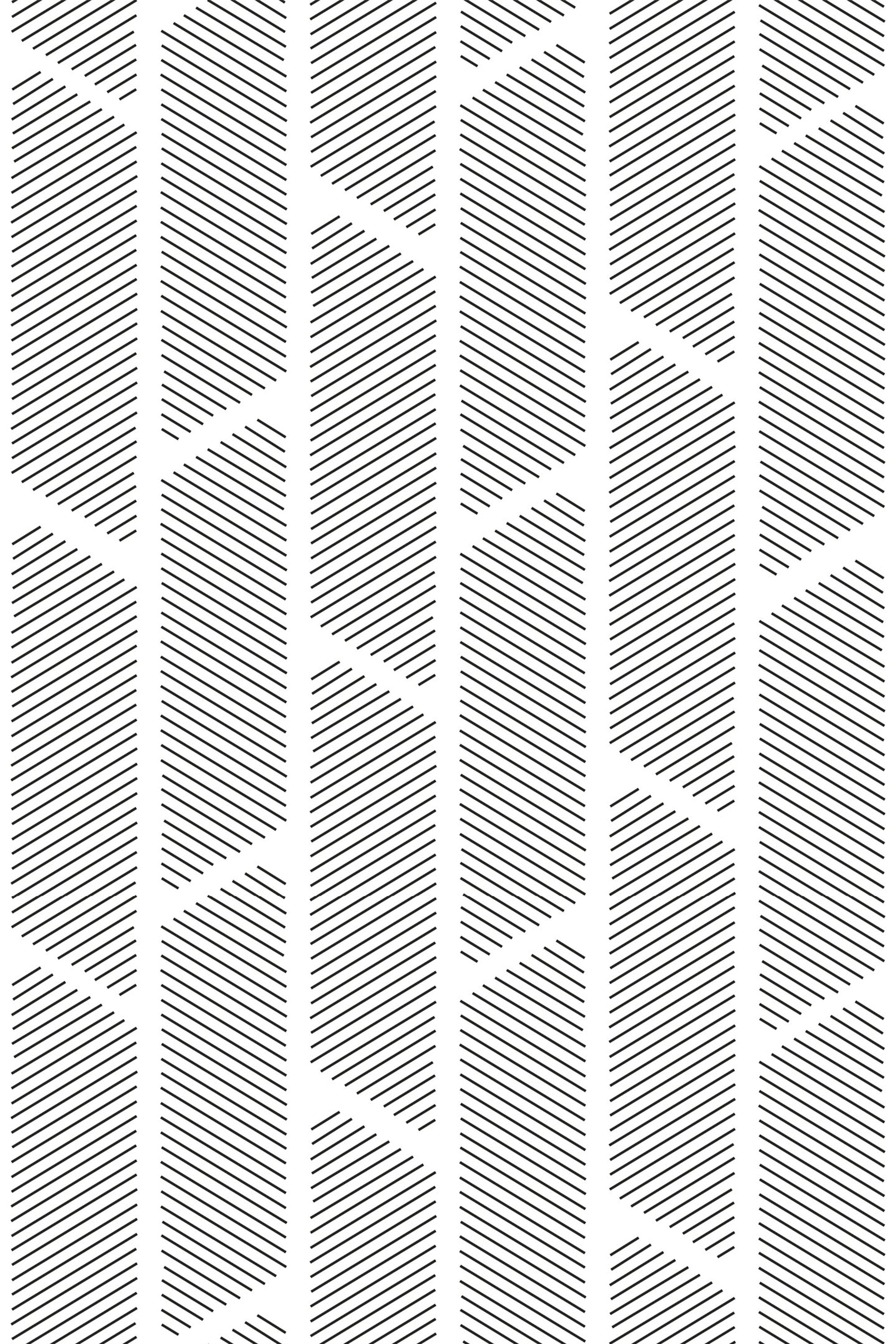 Black diagonal lines form a pattern of elongated hexagons on a white background, creating a modern and minimalist geometric striped design. Peel and stick removable wallpaper.