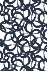 Black brushstroke-style overlapping circles on a white background, creating a modern, abstract pattern. Peel and stick removable wallpaper.