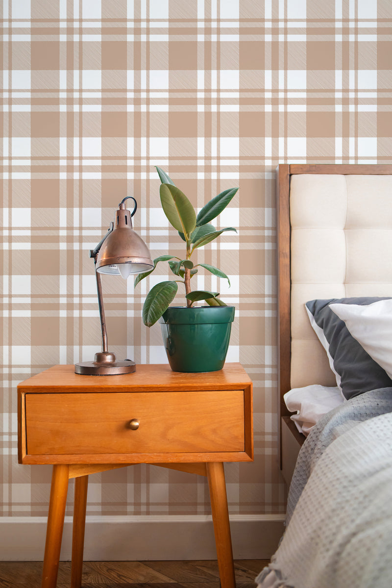 Self-adhesive minimal plaid wallpaper in neutral tones, with intersecting lines creating a grid pattern.