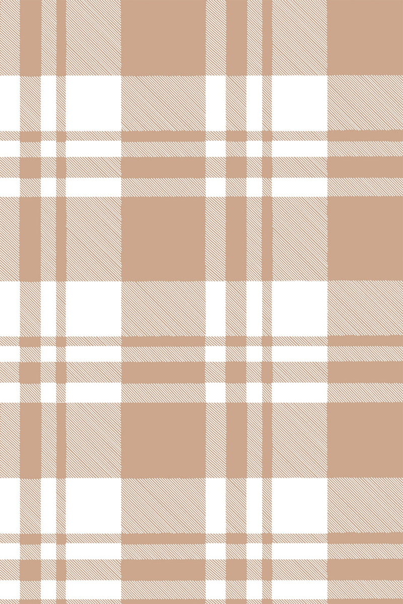 Tan and white plaid pattern with a simple, minimalistic design in a repeated square grid with thin lines and cross-hatch detailing, peel and stick removable wallpaper.