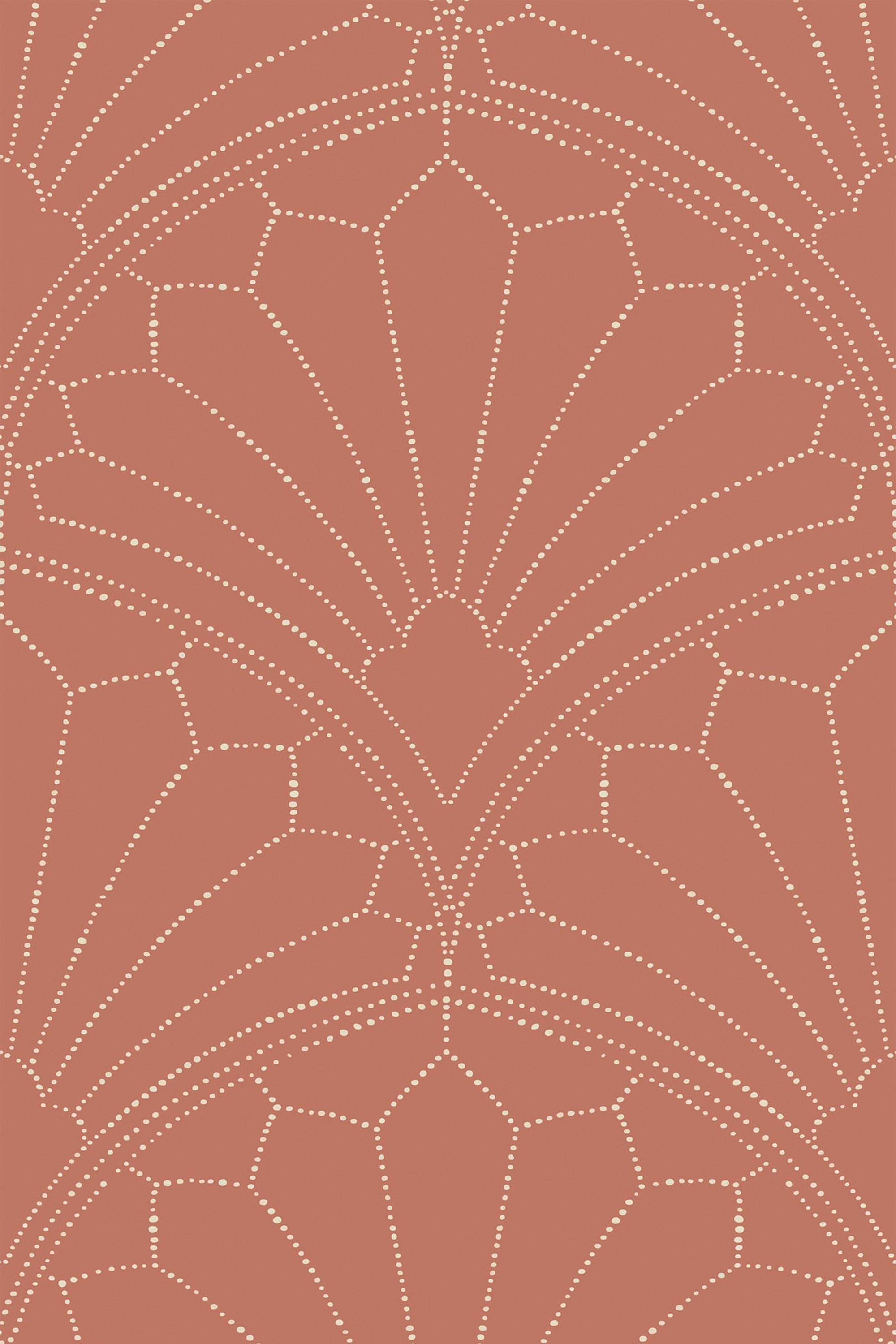 Art deco dotted wallpaper with a repeating geometric pattern of white dots forming intricate fan shapes against a muted terracotta background. Peel and stick removable wallpaper.