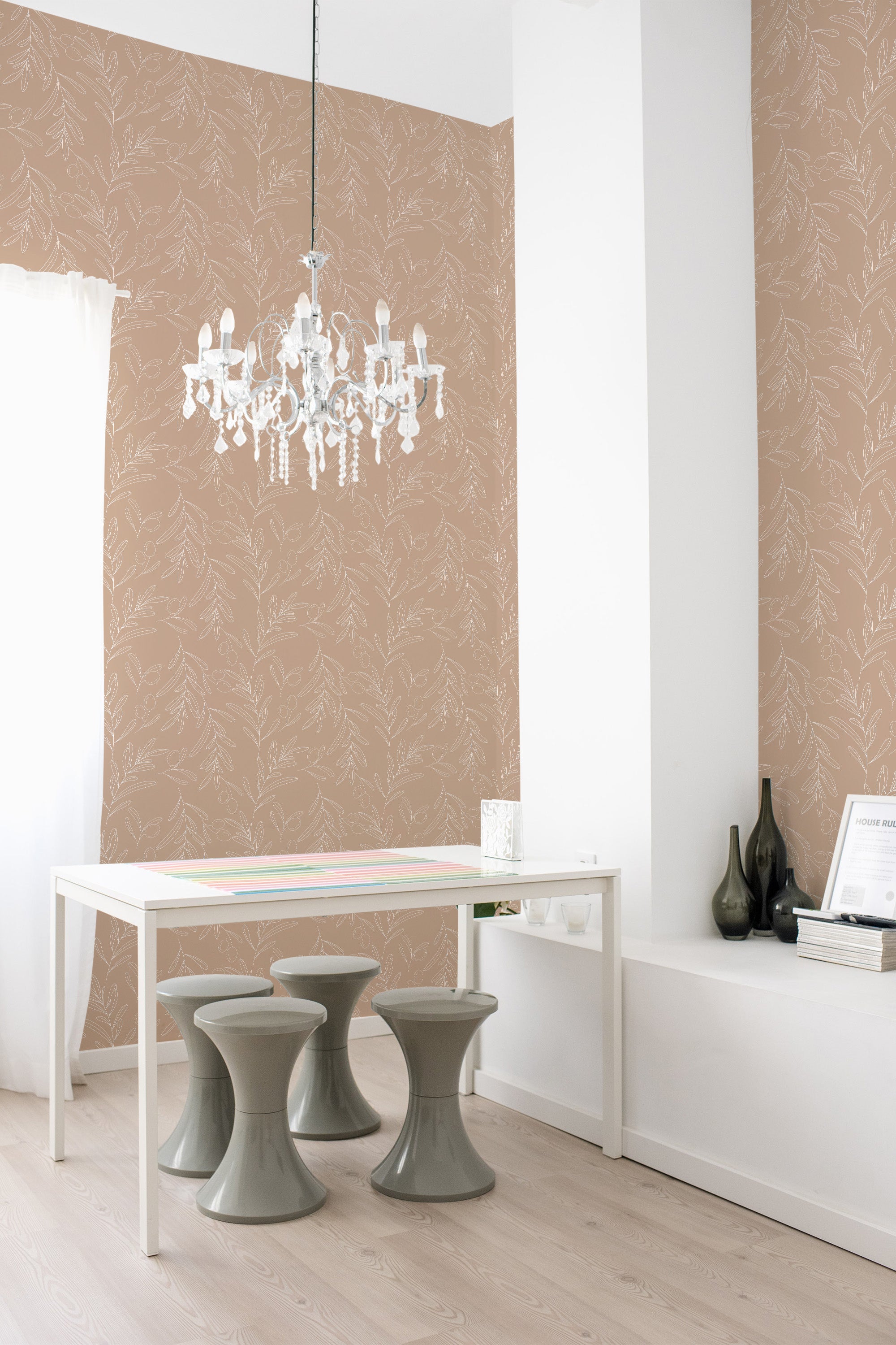 Delicate olive tree branches with slender leaves spread gracefully across a soft beige background, creating a serene and sophisticated ambiance in this room. Traditional wallpaper.