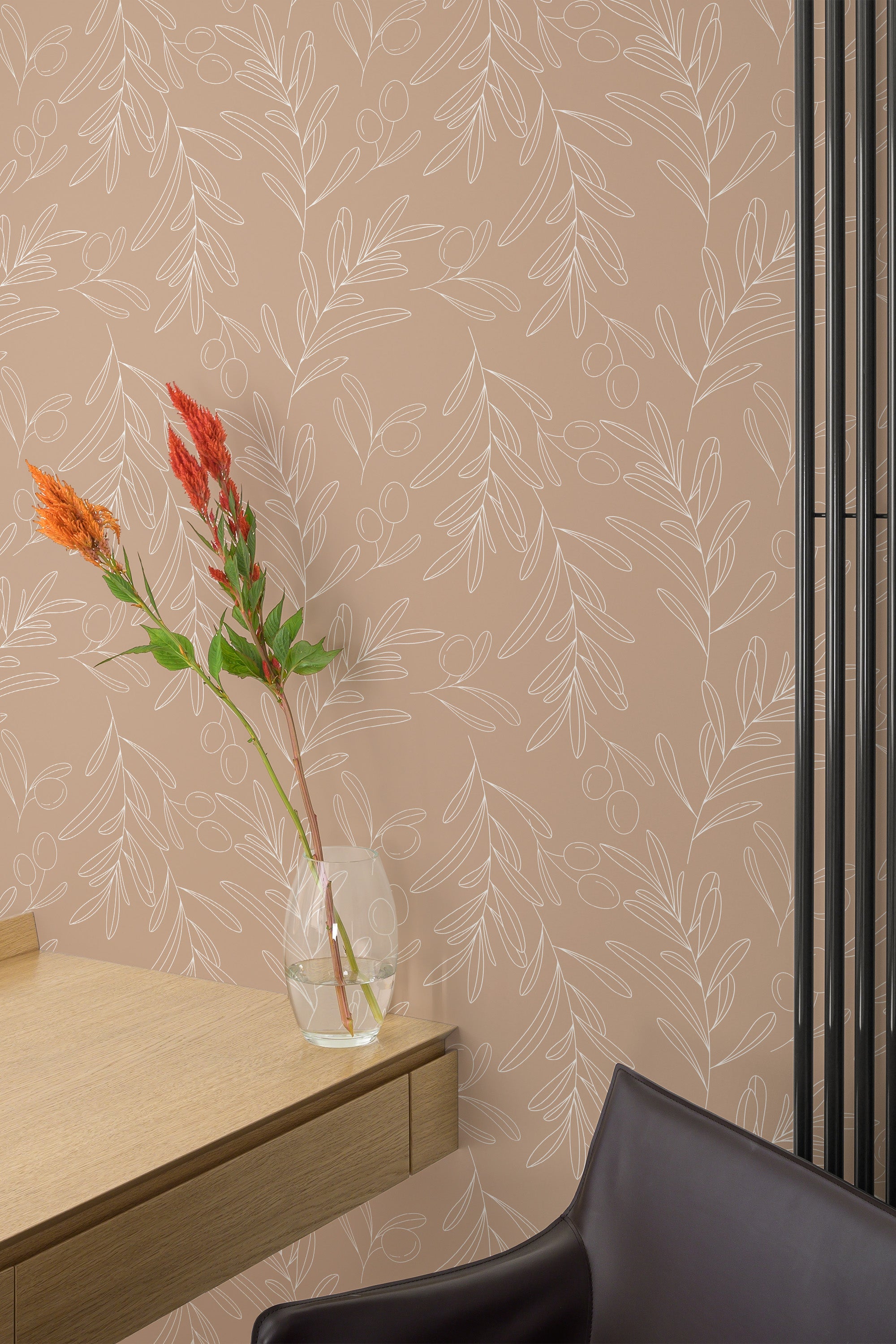 Self-adhesive wallpaper with an Olive tree design in a soft beige color, featuring delicate, minimalist outlines of olive branches and leaves.