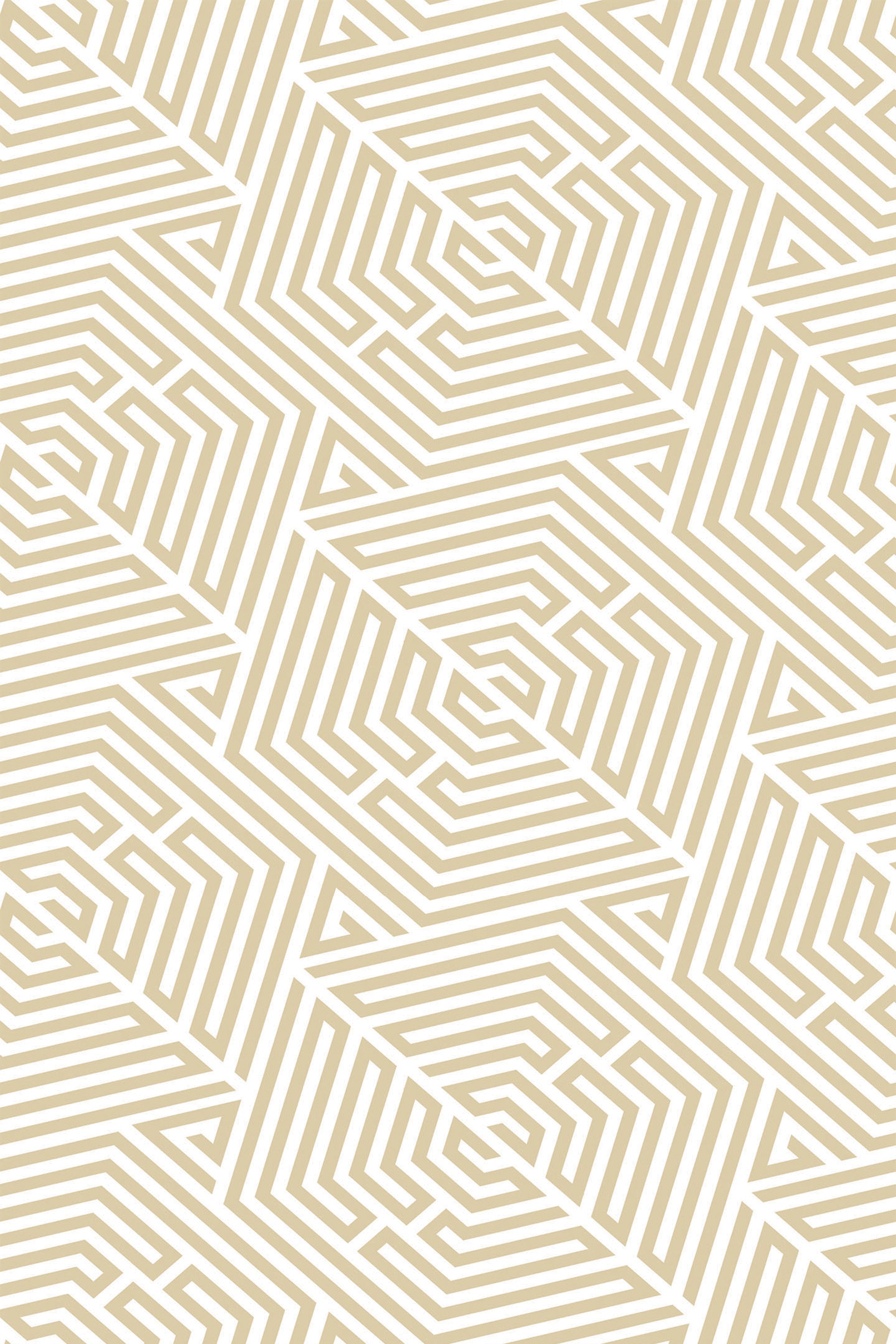 Yellow geometric wallpaper with interlocking, angular lines creating a maze-like pattern. Peel and stick removable wallpaper.