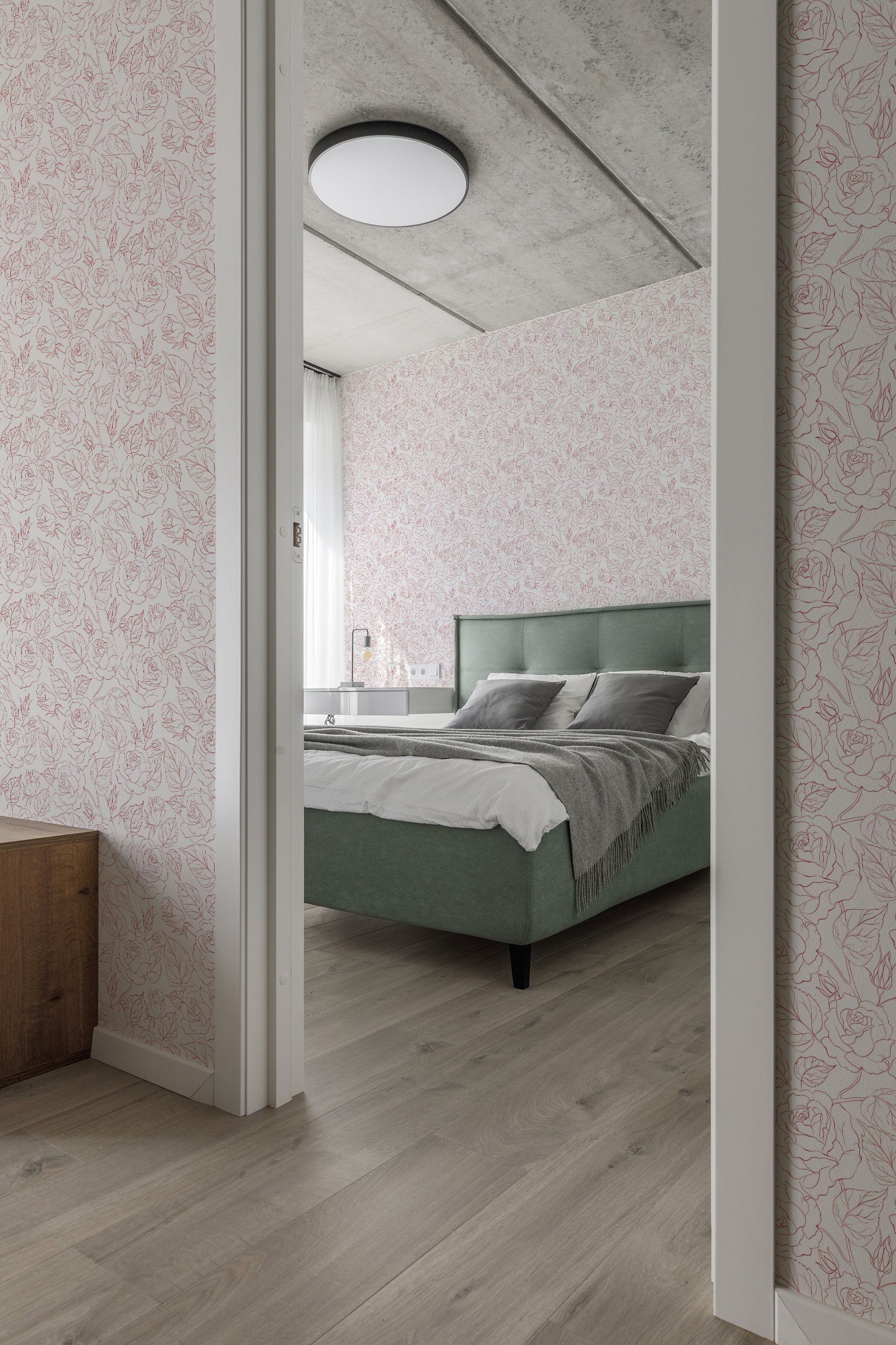 The room has a Retro rose line art wallpaper with delicate rose patterns in a soft pink hue on a white background, giving a subtle vintage feel. Traditional wallpaper.