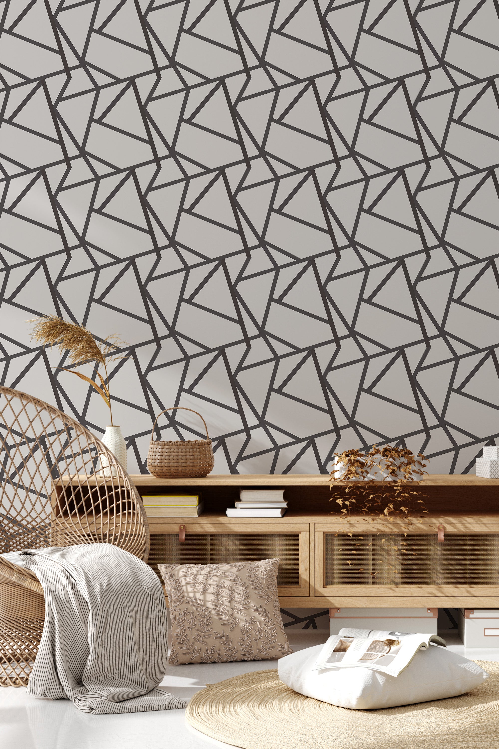 Wallpaper design with intersecting black geometric lines forming angular patterns against a white background, creating a modern yet timeless look. Traditional wallpaper.