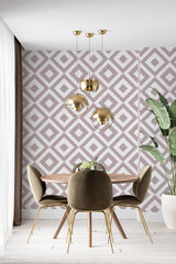 Wallpaper with a geometric square pattern in soft tones of beige and taupe creating a modern yet sophisticated look in this room. The traditional wallpaper.