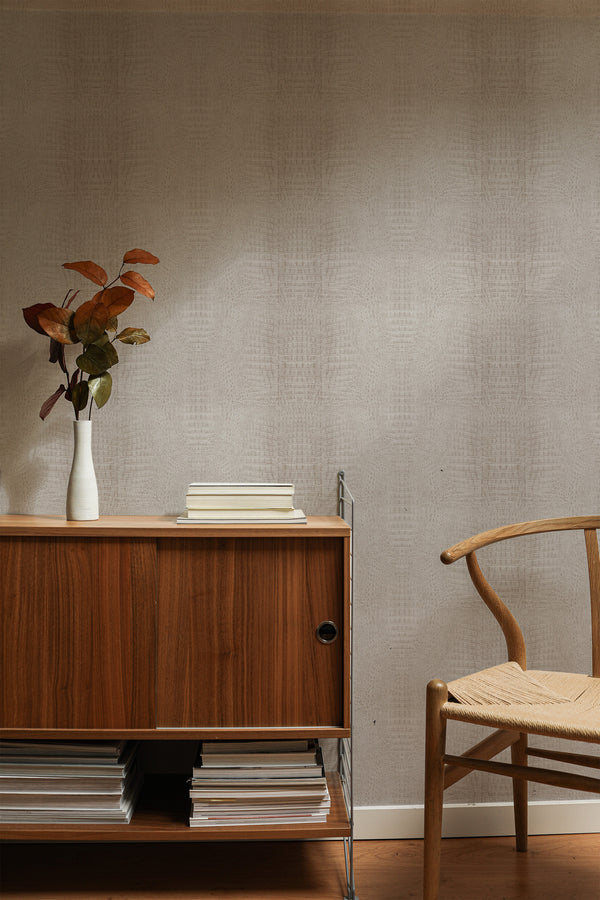 traditional wallpaper crocodile skin pattern accent wall sophisticated living room interior