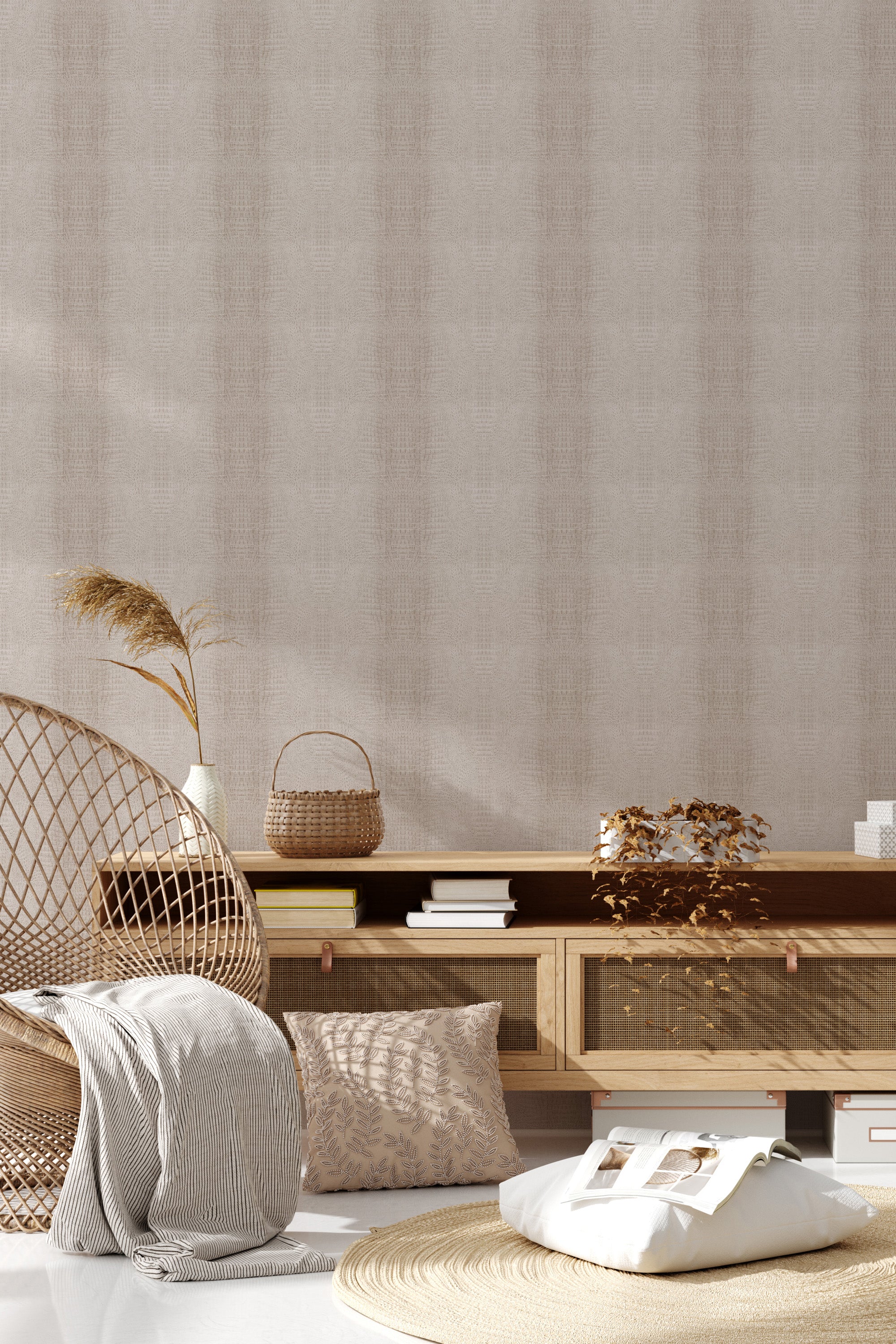 A room with beige-colored wallpaper resembling crocodile skin. The textured pattern creates a subtle and sophisticated look, adding depth to the wall. Natural elements like a wicker chair, plants, and woven baskets complement the overall aesthetic of the traditional wallpaper.